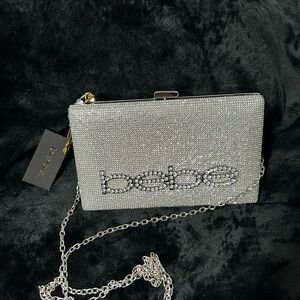 bebe Silver Crystal Logo Evening Clutch with Chain